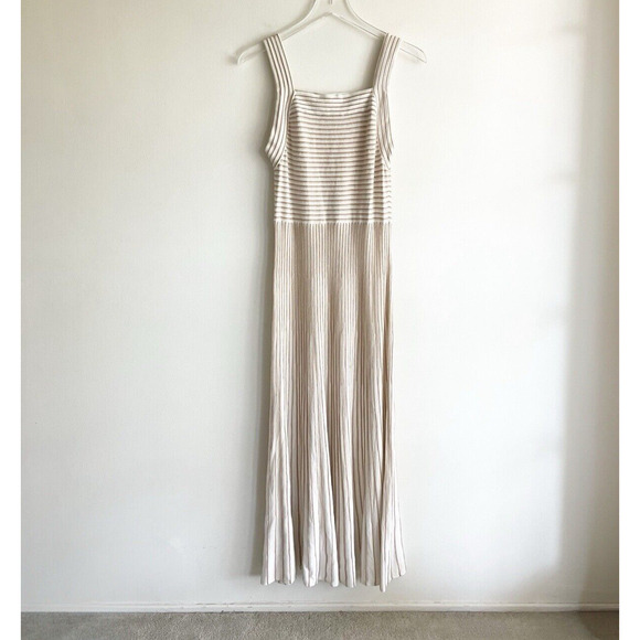 Ann Taylor S Small Sweater Knit Dress Long Maxi Striped White Silver Brown